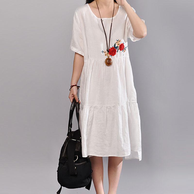 top quality linen summer dress trendy plus size Embroidered Round Neck Short Sleeve Flax White Dress - Omychic