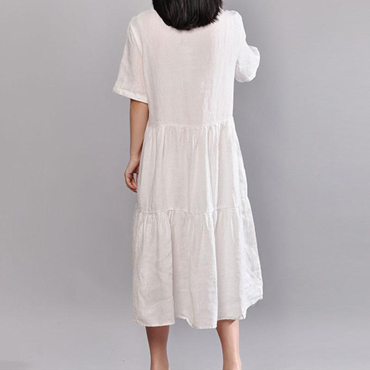 top quality linen summer dress trendy plus size Embroidered Round Neck Short Sleeve Flax White Dress - Omychic