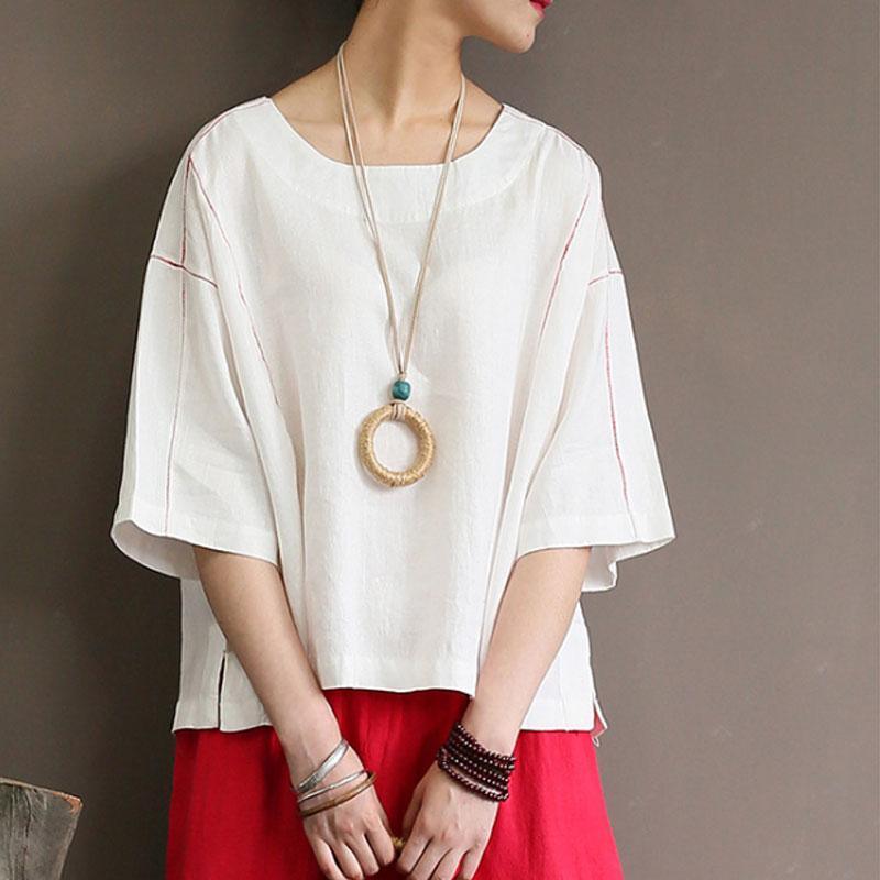 top quality linen tops casual Loose Round Neck 12 Sleeve Women White Tops - Omychic