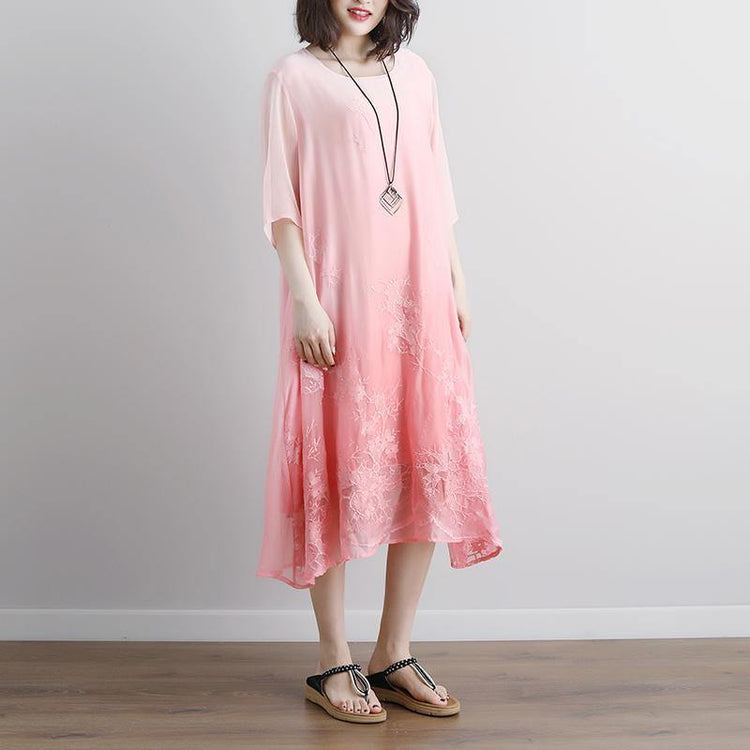 top quality long cotton dress stylish Summer Fake Two-piece Pockets Retro Pink Dress - Omychic