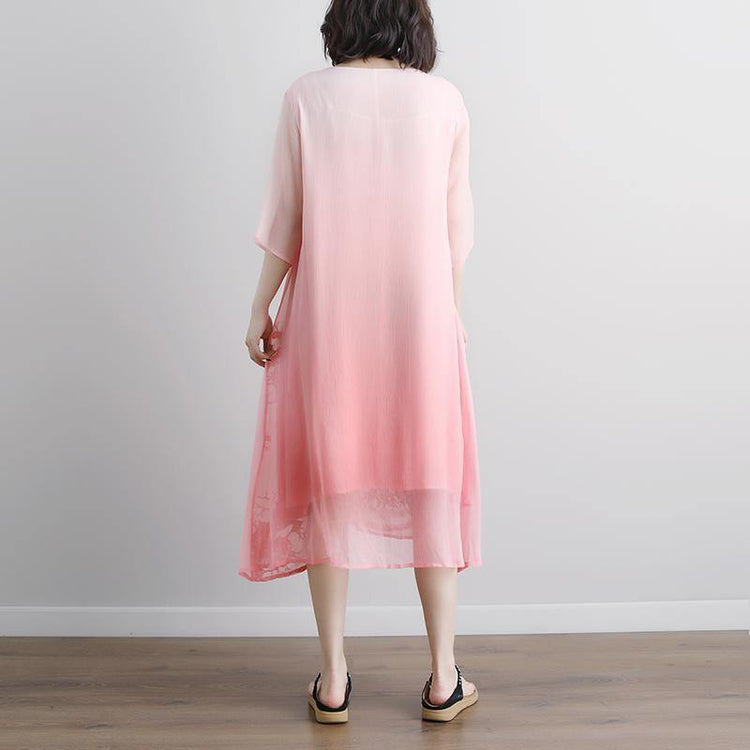 top quality long cotton dress stylish Summer Fake Two-piece Pockets Retro Pink Dress - Omychic