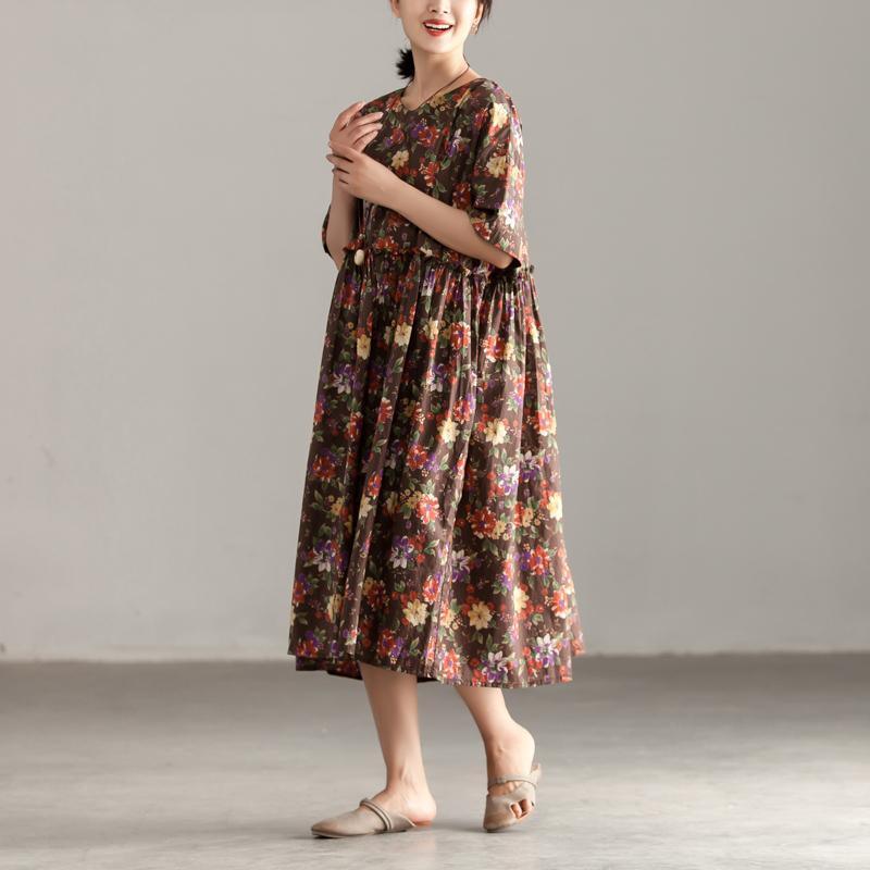 top quality long cotton dresses oversized Casual Short Sleeve Floral Pockets Pleated Lacing Dress - Omychic