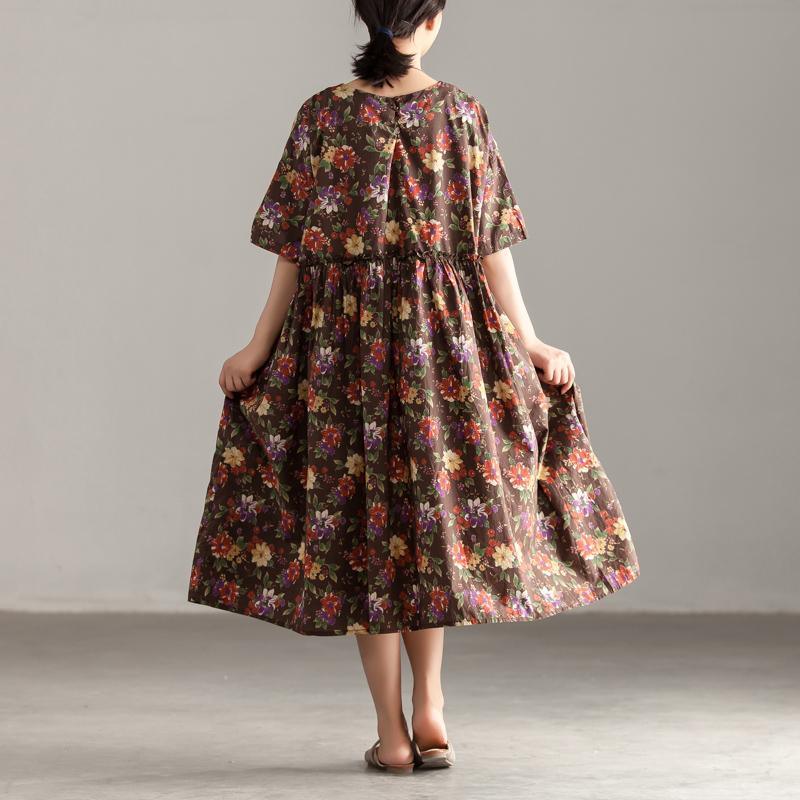 top quality long cotton dresses oversized Casual Short Sleeve Floral Pockets Pleated Lacing Dress - Omychic