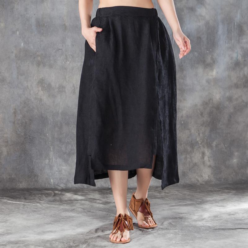 top quality long linen skirt plus size clothing Women Irregular Jacquard Linen Black Skirts - Omychic