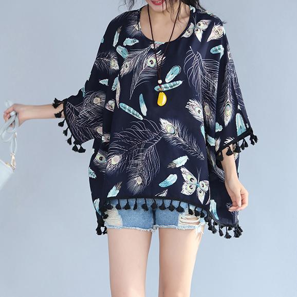 top quality navy natural linen t shirt Loose fitting casual cardigans boutique tassel floral linen cotton tops - Omychic