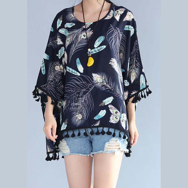top quality navy natural linen t shirt Loose fitting casual cardigans boutique tassel floral linen cotton tops - Omychic