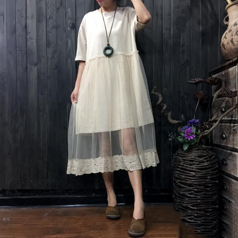 top quality nude Midi-length cotton dress trendy plus size clothing dress top quality ruffles lace patchwork midi dress - Omychic