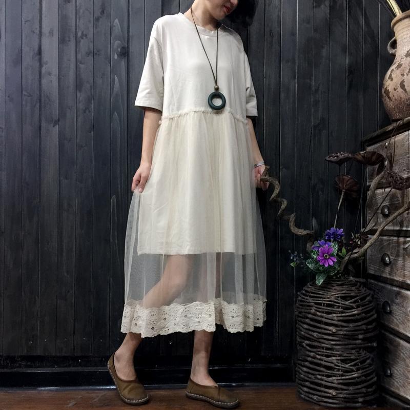 top quality nude Midi-length cotton dress trendy plus size clothing dress top quality ruffles lace patchwork midi dress - Omychic