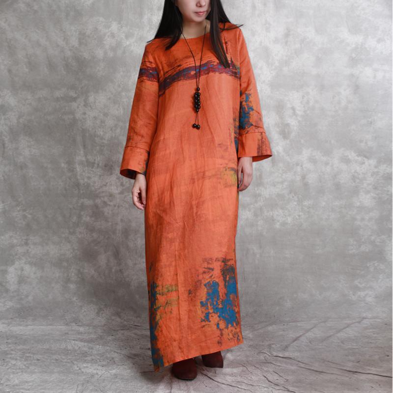 top quality orange linen maxi dress trendy plus size Chinese Button caftans boutique prints caftans - Omychic