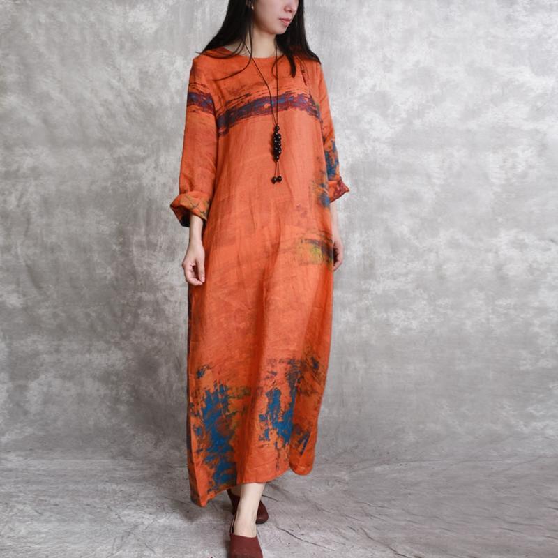 top quality orange linen maxi dress trendy plus size Chinese Button caftans boutique prints caftans - Omychic