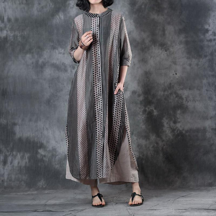 top quality patchwork  silk linen dresses Loose fitting side open traveling dress vintage long sleeve gown - Omychic