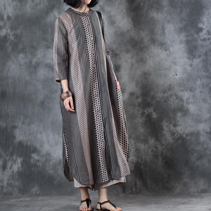 top quality patchwork  silk linen dresses Loose fitting side open traveling dress vintage long sleeve gown - Omychic