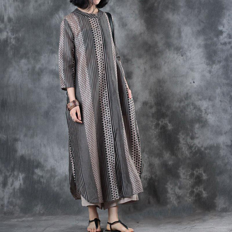 top quality patchwork  silk linen dresses Loose fitting side open traveling dress vintage long sleeve gown - Omychic