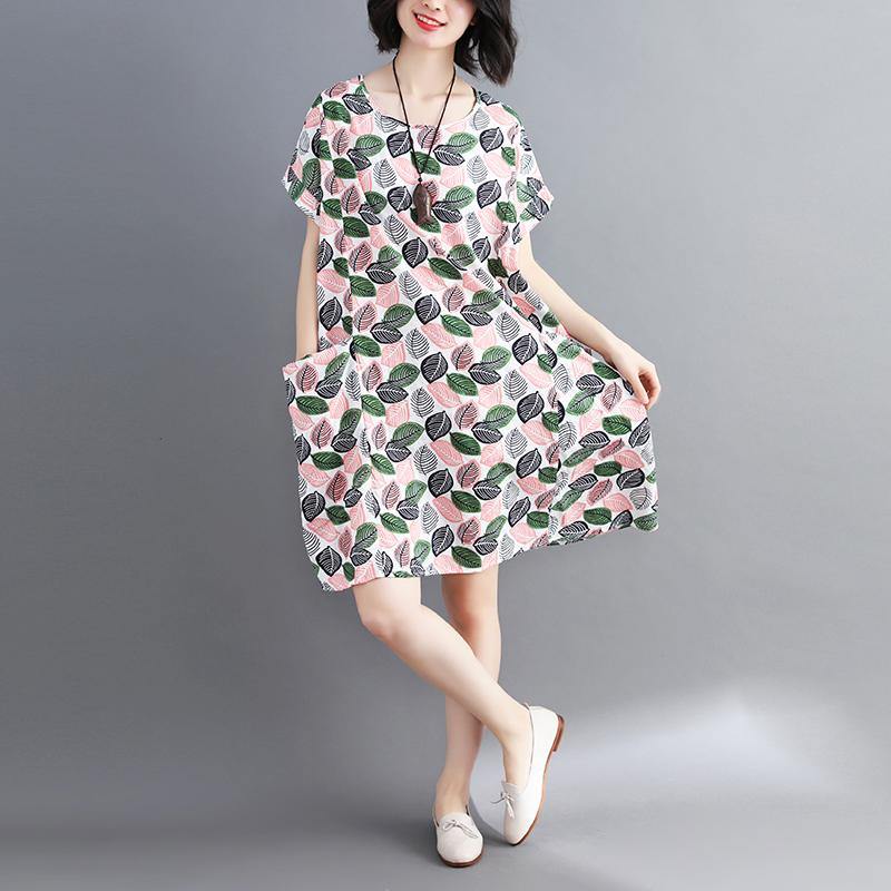 top quality pink prints linen shift dresses oversize linen cotton dress top quality pockets o neck dresses - Omychic
