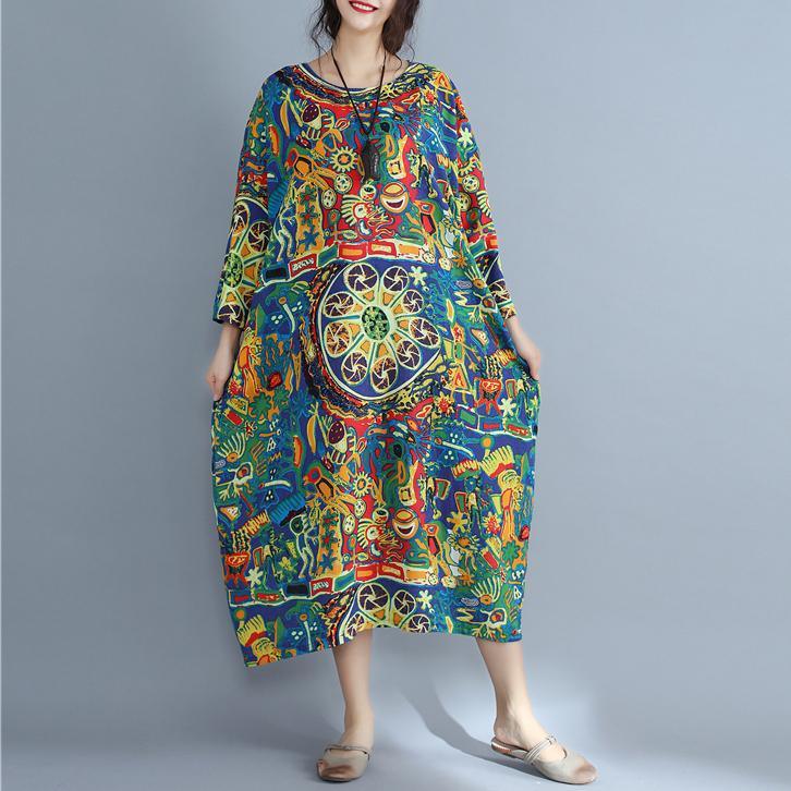 top quality prints  linen dresses trendy plus size traveling clothing Elegant  o  neck long sleeve cotton dresses - Omychic