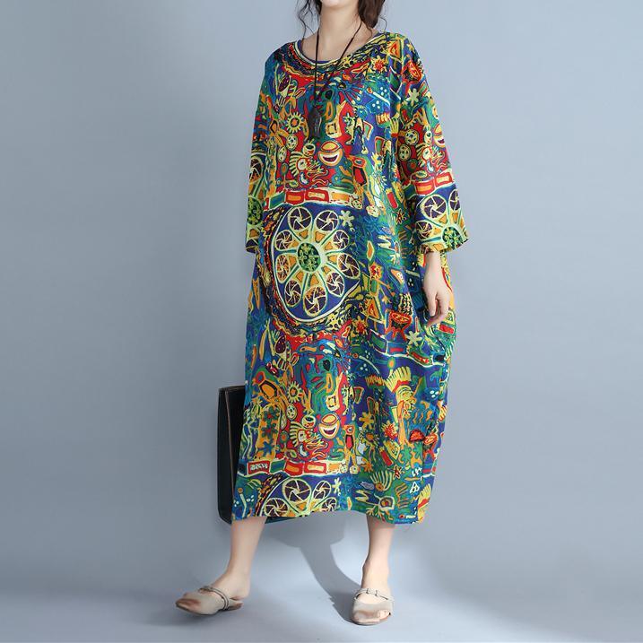 top quality prints  linen dresses trendy plus size traveling clothing Elegant  o  neck long sleeve cotton dresses - Omychic