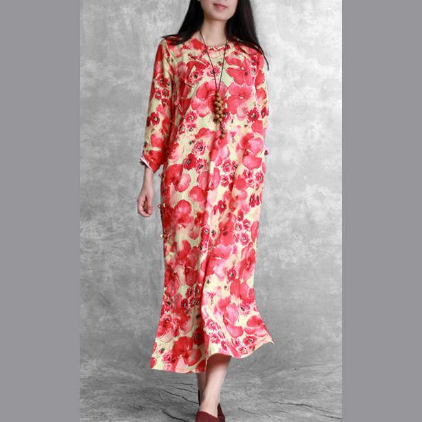 top quality red floral linen maxi dress trendy plus size side open long cotton dresses casual Chinese Button linen clothing dress - Omychic