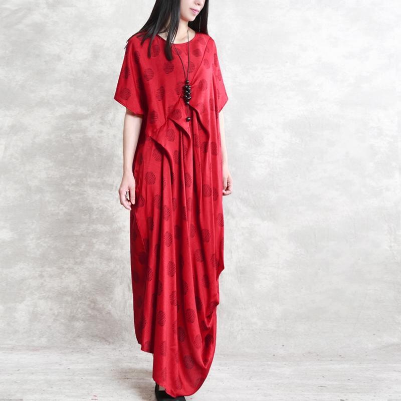 top quality red linen caftans oversize dotted linen clothing dress women asymmetric caftans - Omychic