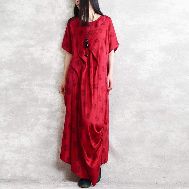 top quality red linen caftans oversize dotted linen clothing dress women asymmetric caftans - Omychic