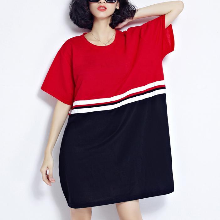 top quality red patchwork cotton shift dresses plus size holiday dresses top quality loose waist short sleeve natural cotton dress - Omychic