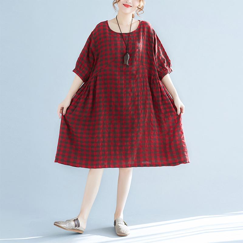 top quality red plaid linen dresses plus size traveling clothing casual o neck short sleeve linen clothing dress - Omychic