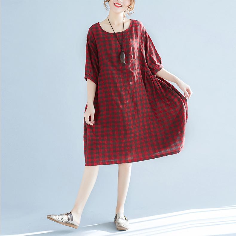 top quality red plaid linen dresses plus size traveling clothing casual o neck short sleeve linen clothing dress - Omychic