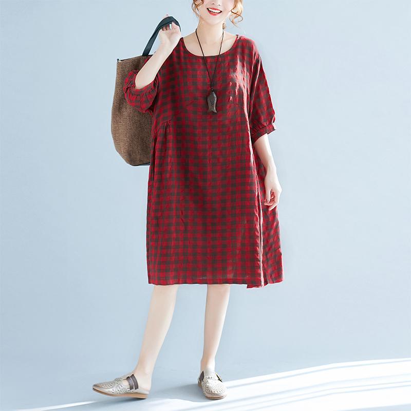 top quality red plaid linen dresses plus size traveling clothing casual o neck short sleeve linen clothing dress - Omychic