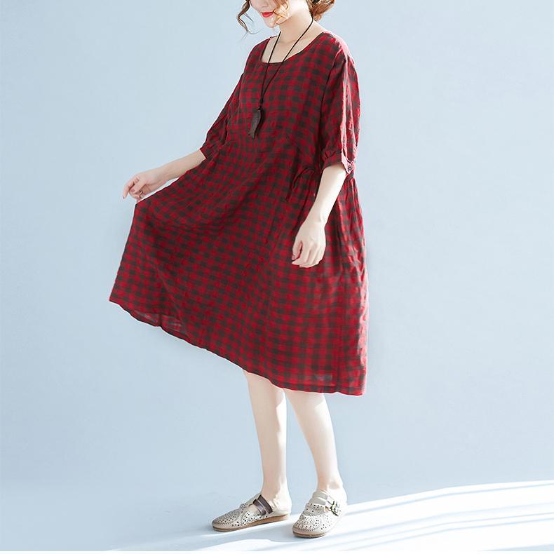 top quality red plaid linen dresses plus size traveling clothing casual o neck short sleeve linen clothing dress - Omychic