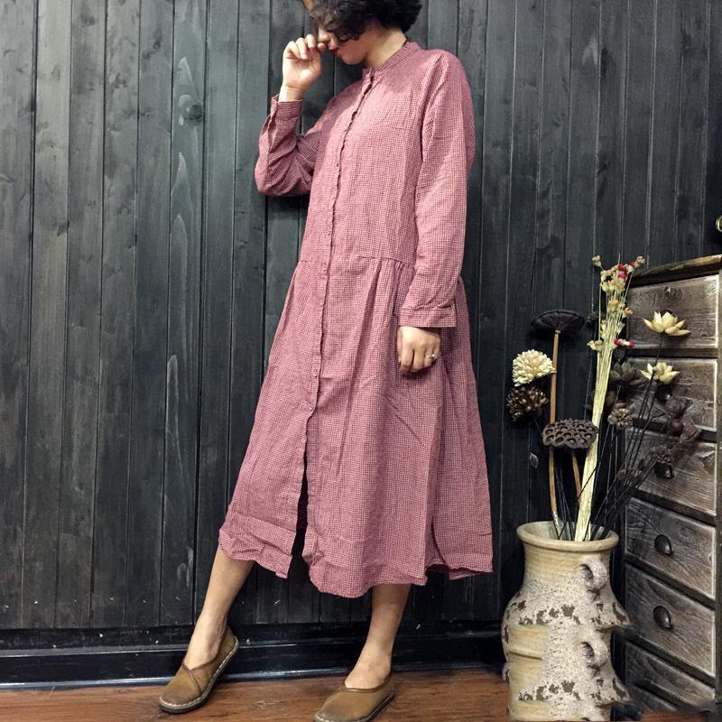 top quality red plaid pure linen dresses oversize casual dress New long sleeve lapel collar linen cotton dress - Omychic