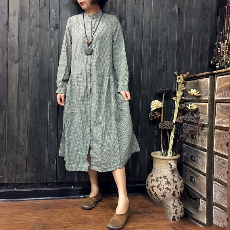 top quality red plaid pure linen dresses oversize casual dress New long sleeve lapel collar linen cotton dress - Omychic