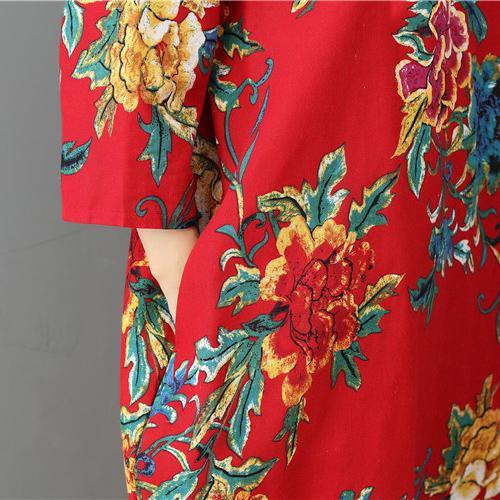 Top quality red prints  Midi-length linen dress trendy plus size holiday dresses bracelet sleeved o neck linen cotton dress - Omychic