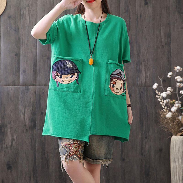 top quality summer cotton tops casual Irregular Round Neck Short Sleeve Casual Green Tops - Omychic