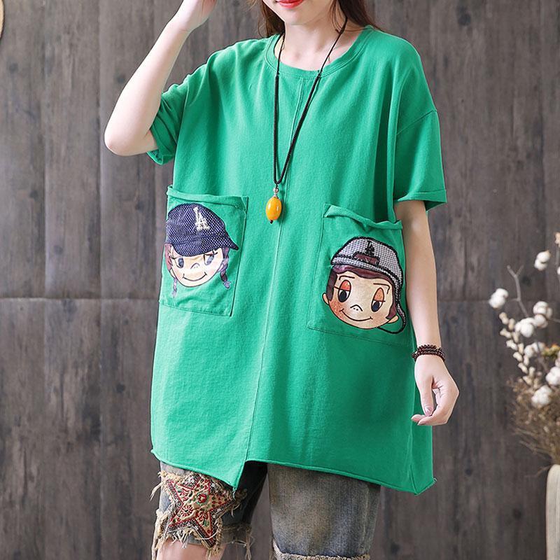 top quality summer cotton tops casual Irregular Round Neck Short Sleeve Casual Green Tops - Omychic