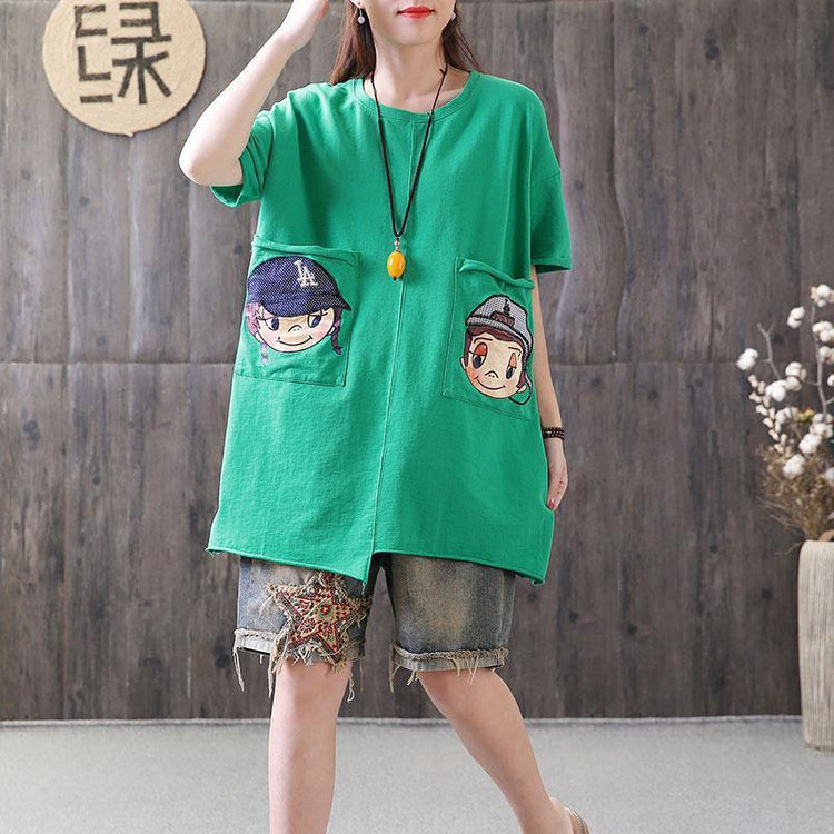 top quality summer cotton tops casual Irregular Round Neck Short Sleeve Casual Green Tops - Omychic