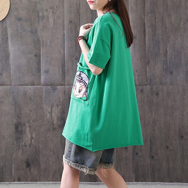 top quality summer cotton tops casual Irregular Round Neck Short Sleeve Casual Green Tops - Omychic