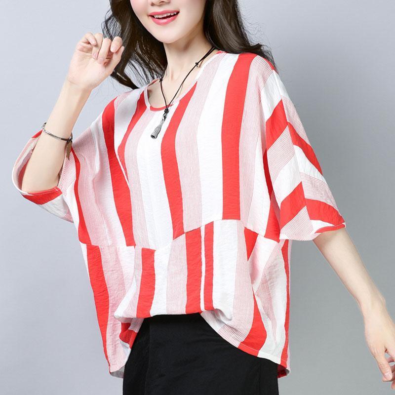 top quality summer cotton tops plus size Casual Summer Women Short Sleeve Red Stripe T-shirt - Omychic