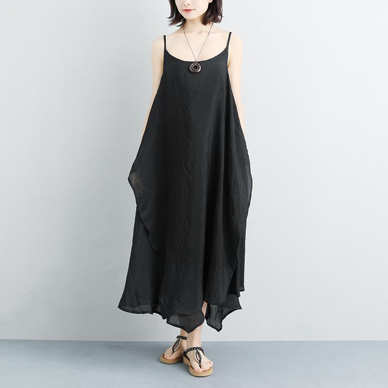 top quality summer dress plussize Cotton Linen Summer Sleeveless Black Vest Dress - Omychic