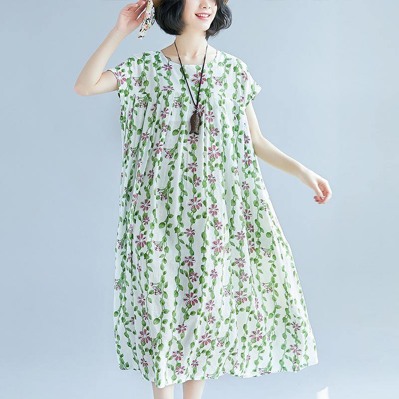 top quality white color green floral cotton dress oversized patchwork traveling dress casual short sleeve cotton caftans - Omychic