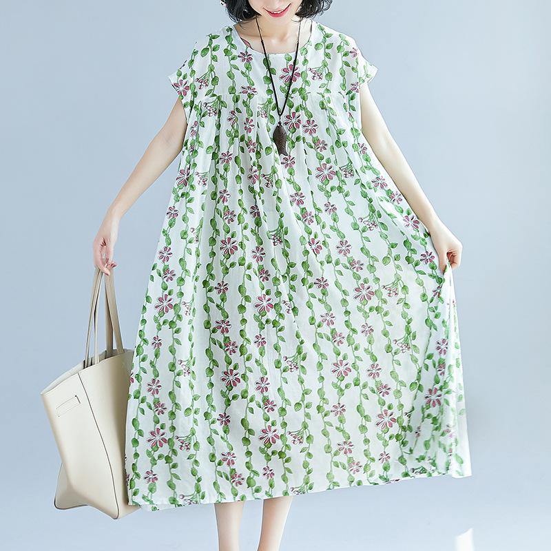 top quality white color green floral cotton dress oversized patchwork traveling dress casual short sleeve cotton caftans - Omychic