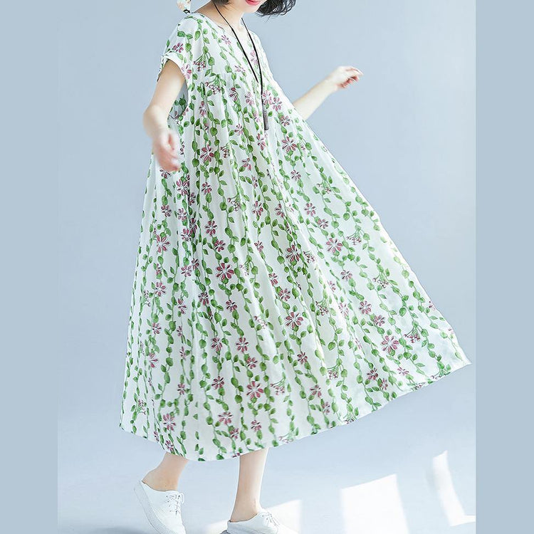 top quality white color green floral cotton dress oversized patchwork traveling dress casual short sleeve cotton caftans - Omychic