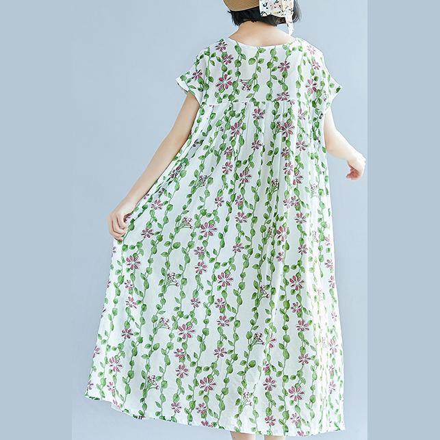 top quality white color green floral cotton dress oversized patchwork traveling dress casual short sleeve cotton caftans - Omychic