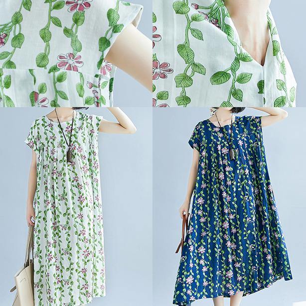 top quality white color green floral cotton dress oversized patchwork traveling dress casual short sleeve cotton caftans - Omychic