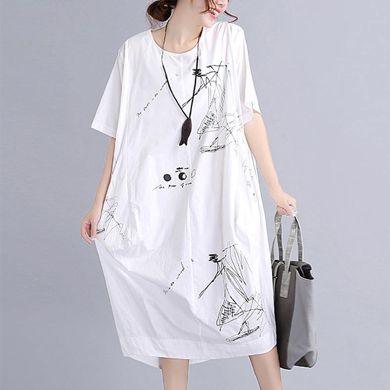 top quality white cotton dress plus size traveling dress vintage o neck prints natural cotton dress - Omychic