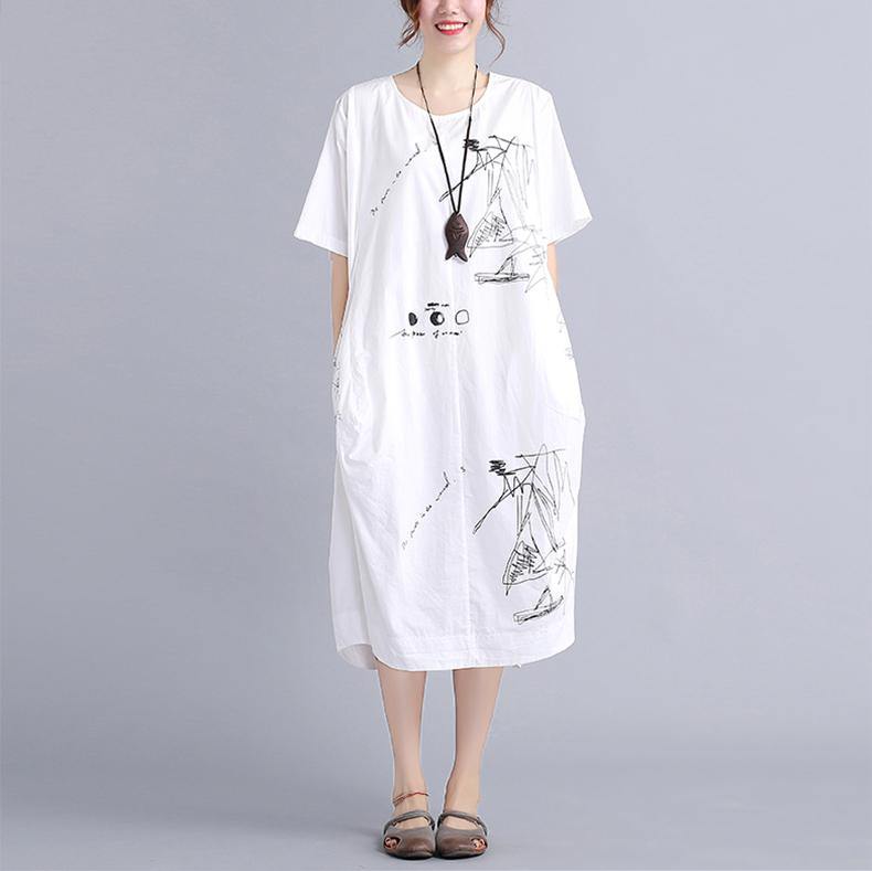 top quality white cotton dress plus size traveling dress vintage o neck prints natural cotton dress - Omychic