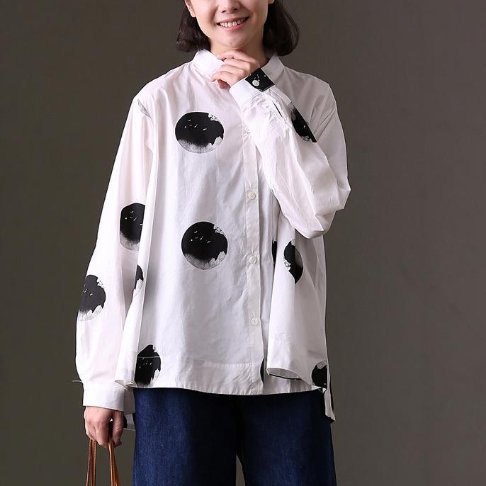 top quality white dotted prints pure cotton blouse oversized holiday tops casual long sleeve stand collar cotton clothing tops - Omychic