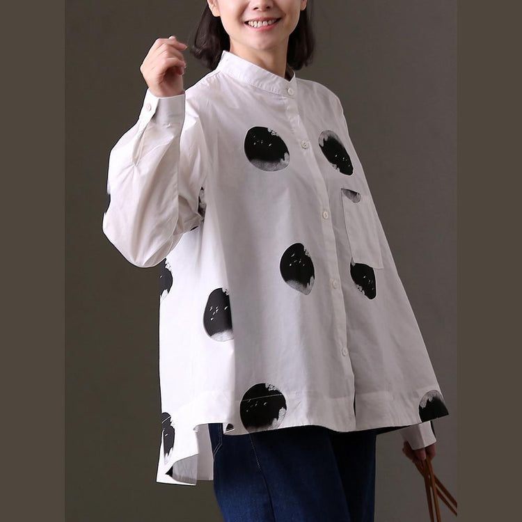 top quality white dotted prints pure cotton blouse oversized holiday tops casual long sleeve stand collar cotton clothing tops - Omychic