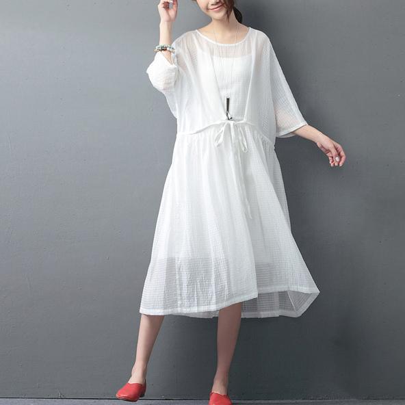 top quality white natural linen dress  trendy sleeveless plus size traveling clothing casual two pieces cotton dress - Omychic