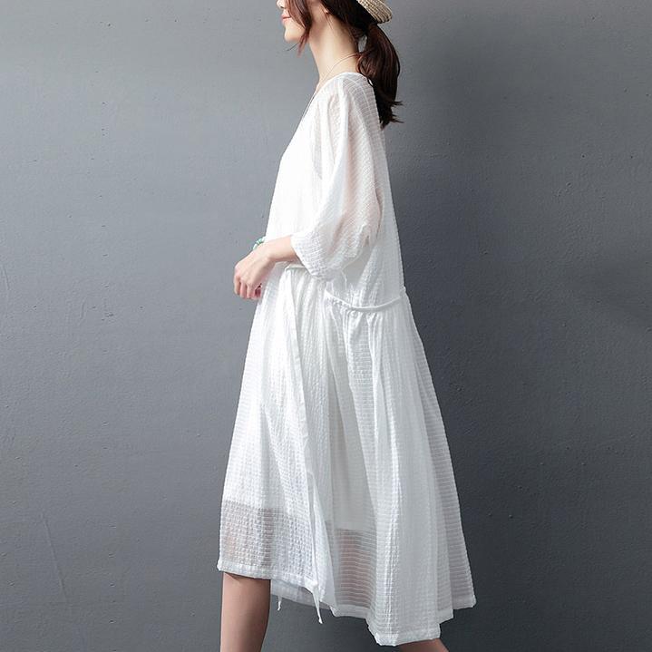 top quality white natural linen dress  trendy sleeveless plus size traveling clothing casual two pieces cotton dress - Omychic
