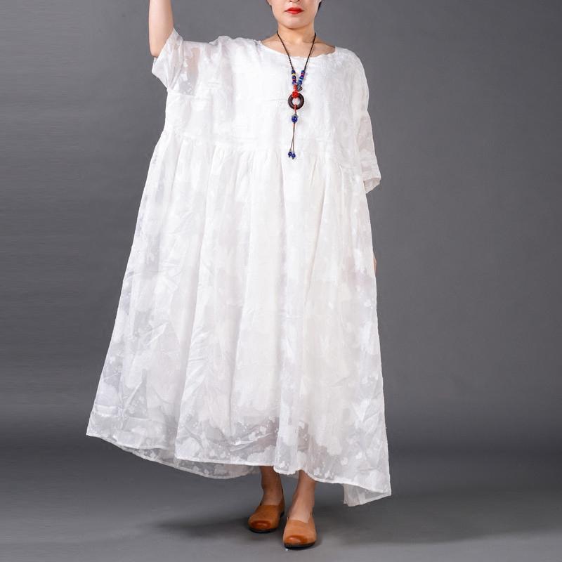 Top Quality White Silk Linen Dress Plus Size Clothing Jacquard Traveling Clothing Top Quality Layered Linen Caftans - Omychic