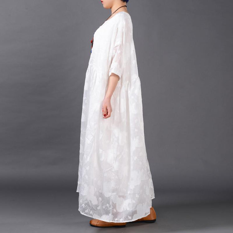 Top Quality White Silk Linen Dress Plus Size Clothing Jacquard Traveling Clothing Top Quality Layered Linen Caftans - Omychic